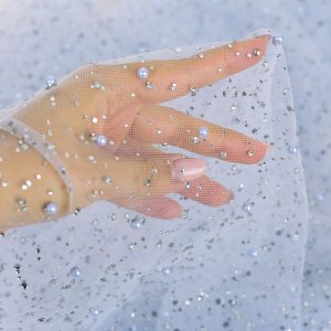 Tulle cu perle si strasuri - Bleu Gri 1 Tulle cu perle si strasuri - Bleu Gri