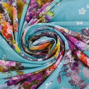 Vascoza Imprimata - Turcoaz cu flori folosita la fabricarea rochiilor