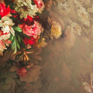 Tafta imprimata - Beige inchis cu flori 2 Tafta imprimata - Beige inchis cu flori